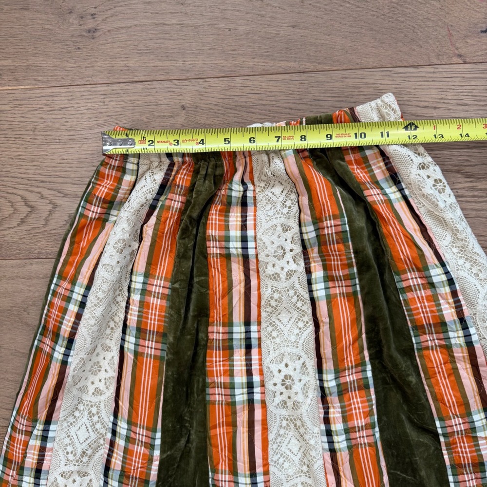 Chessa Davis Vintage Maxi Skirt Plaid Velvet Lace Patchwork Boho Orange Green 24 - Picture 8 of 8